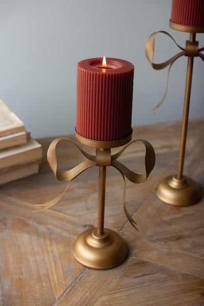 Kalalou Antique Brass Pillar Candle Stands with Bow Detail
