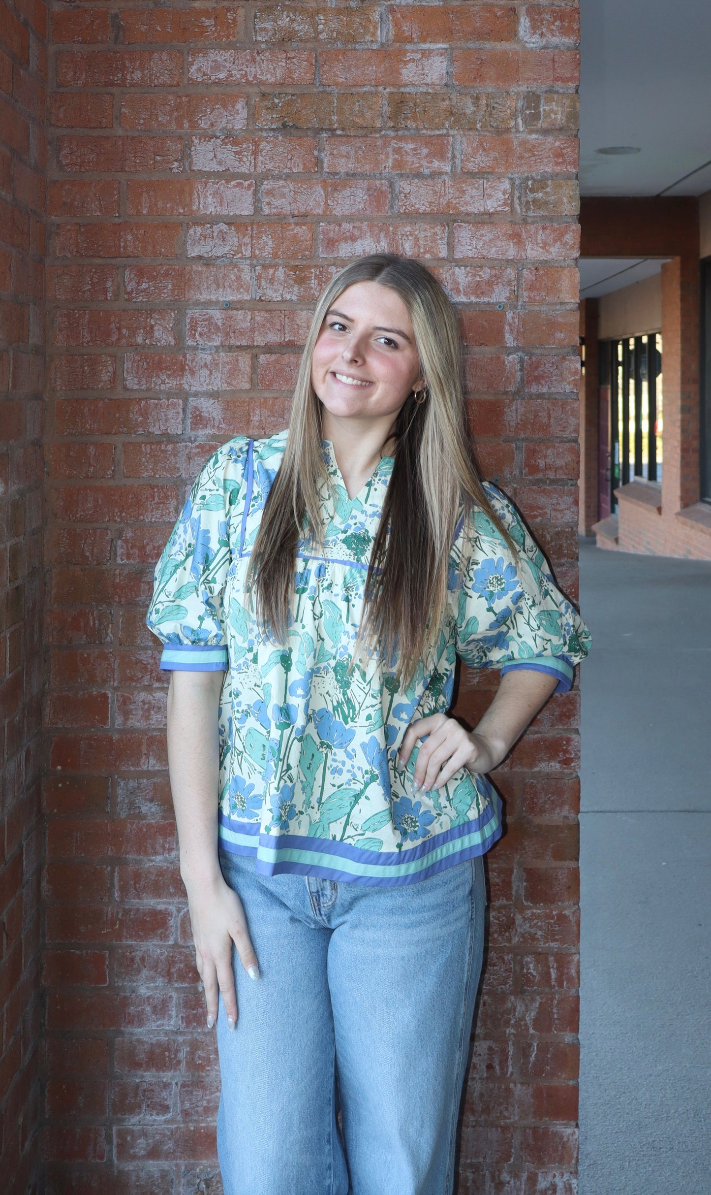 SHE + SKY 1/2 SLEEVE PRINTED TOP-BLUE