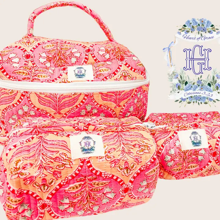 Heart of Grace Pink Trellis Dream Quilted Cosmetic Bags-Set of 3