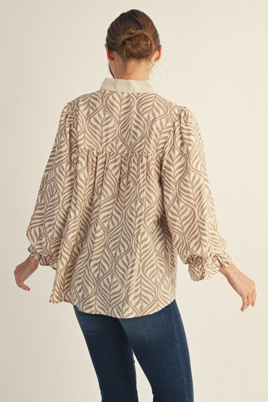Jodifl Standing Collared Neck Boho Leaf Print Top