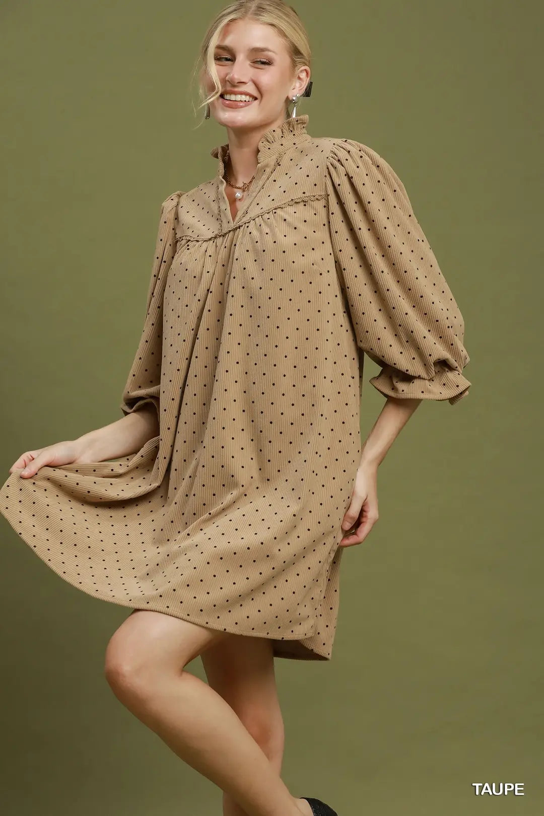 Umgee Swiss Dot Ruffle Neck Babydoll Dress