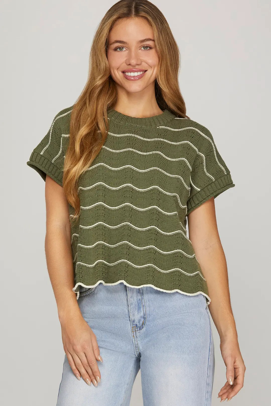 SHE + SKY DROP SHORT SLEEVE SCALLOP STRIPED PATTERN KNIT SWEATER TOP