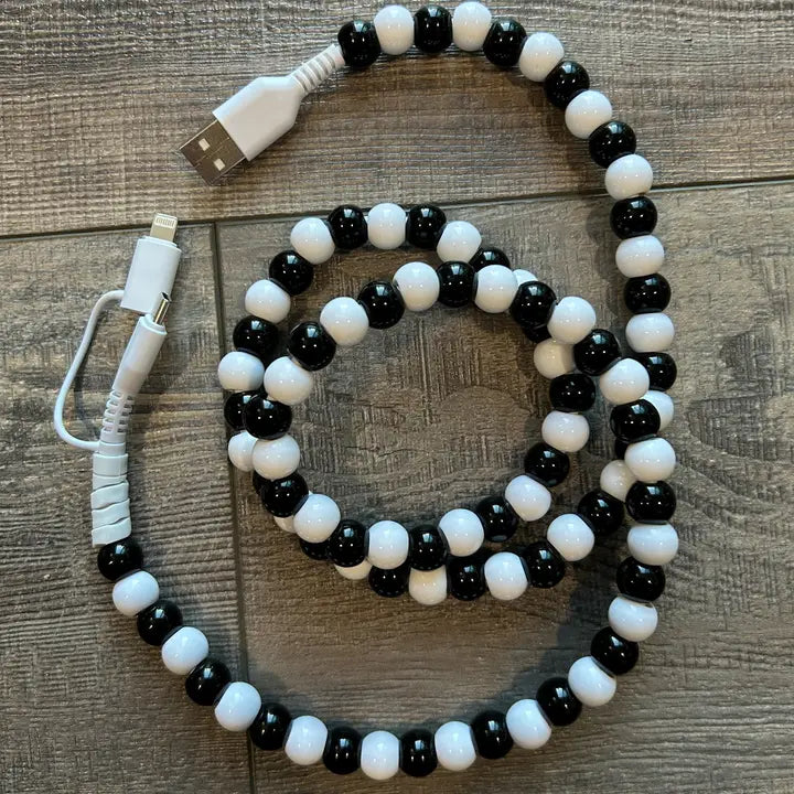 Beaded Phone Charger with Lightning & Usb-C Cable-Black and White