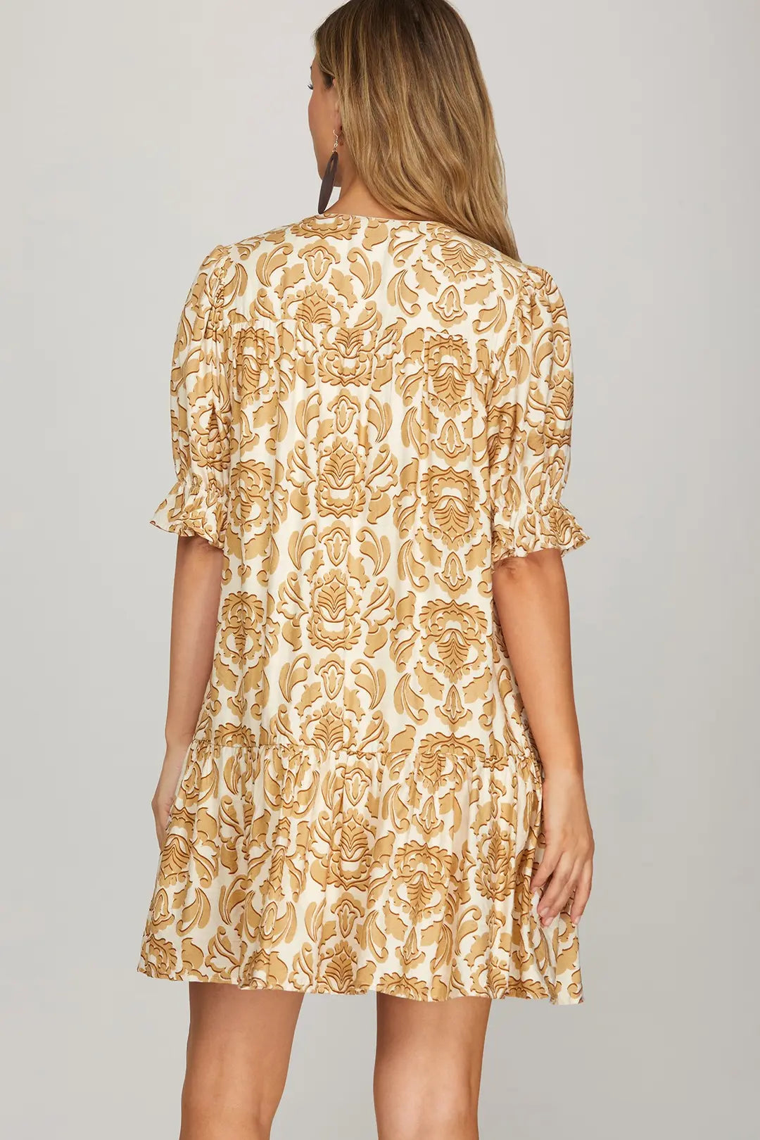 SHE + SKY HALF SLEEVE WOVEN PRINT MINI DRESS V NECK WITH MULTI COLOR PATCH TRIM AND POCKETS-TAUPE