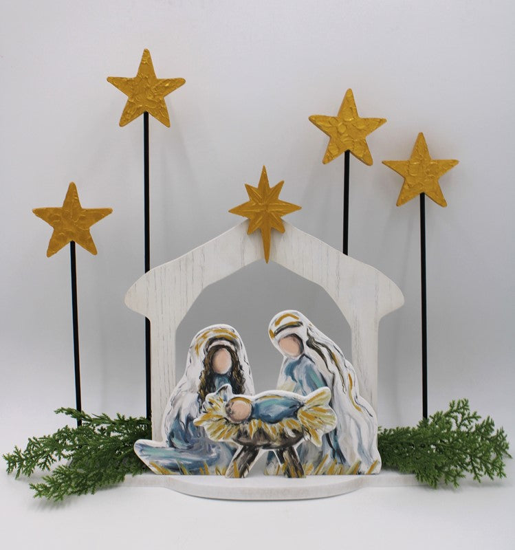 Trade Cie Cutout Wood Nativity w/ Stars, Tabletop, Blue