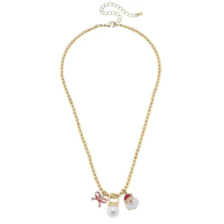 Canvas Style Candy Cane Bow & Santa Claus Ball Bead Necklace