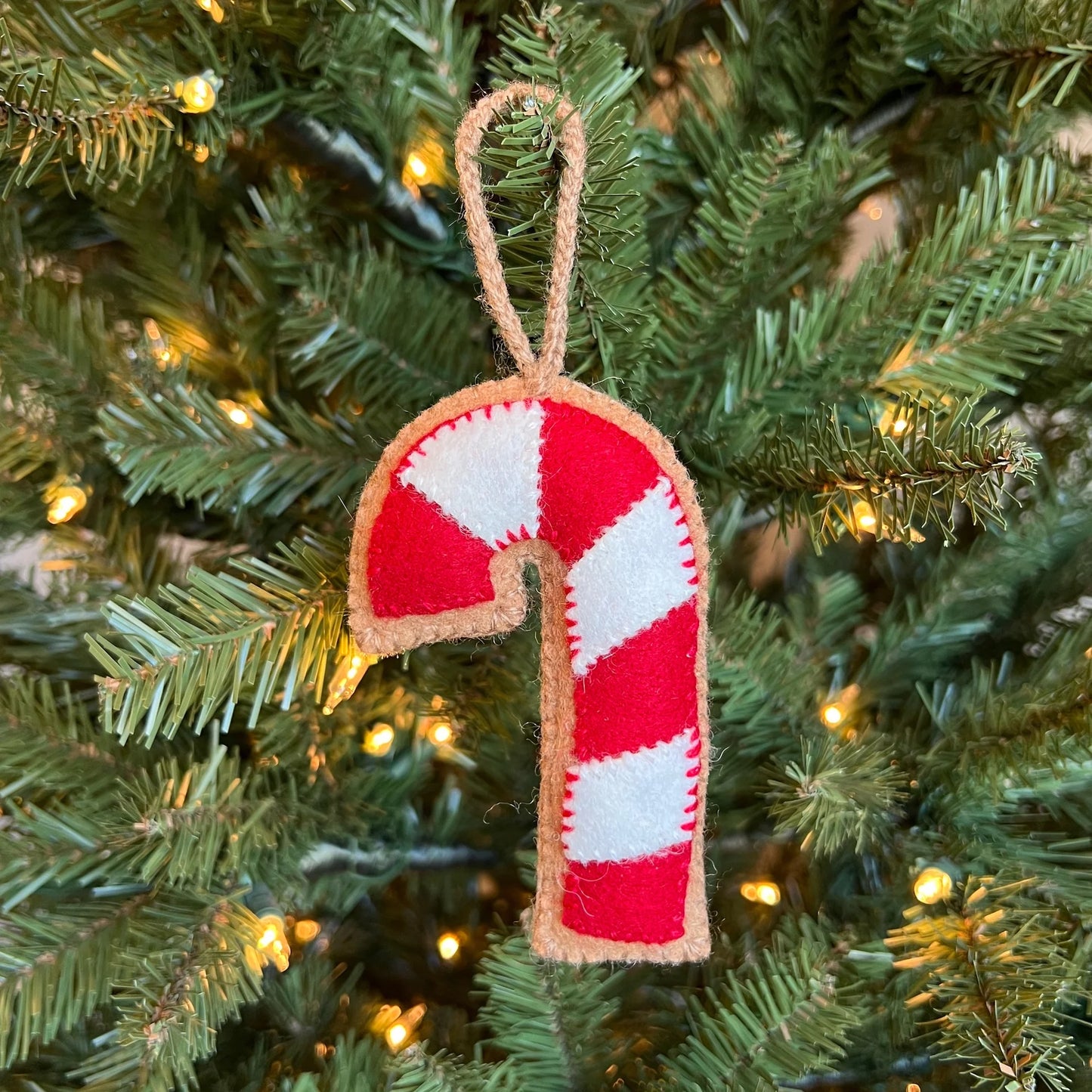 Ornaments 4 Orphans Gingerbread Candy Cane Ornament, Embroidered Wool