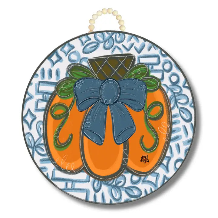 DK Designs Blue Bow Pumpkin Circle Door Hanger