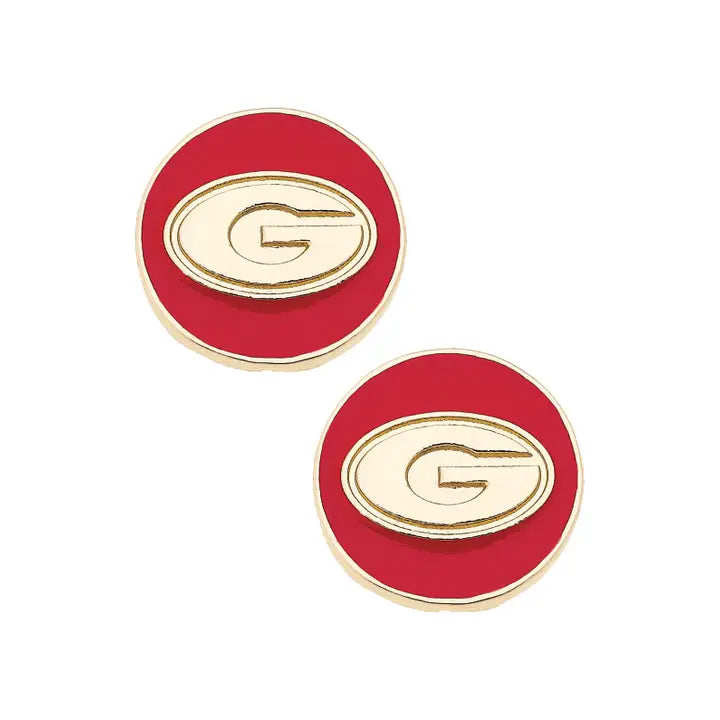 Canvas Style Georgia Bulldogs Logo Circle Stud Earrings in Red/Shiny Gold