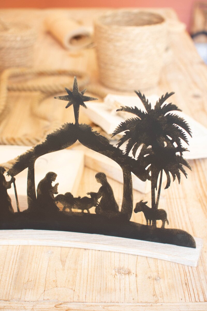 Kalalou Black Metal Nativity on a Curved White Wood Base