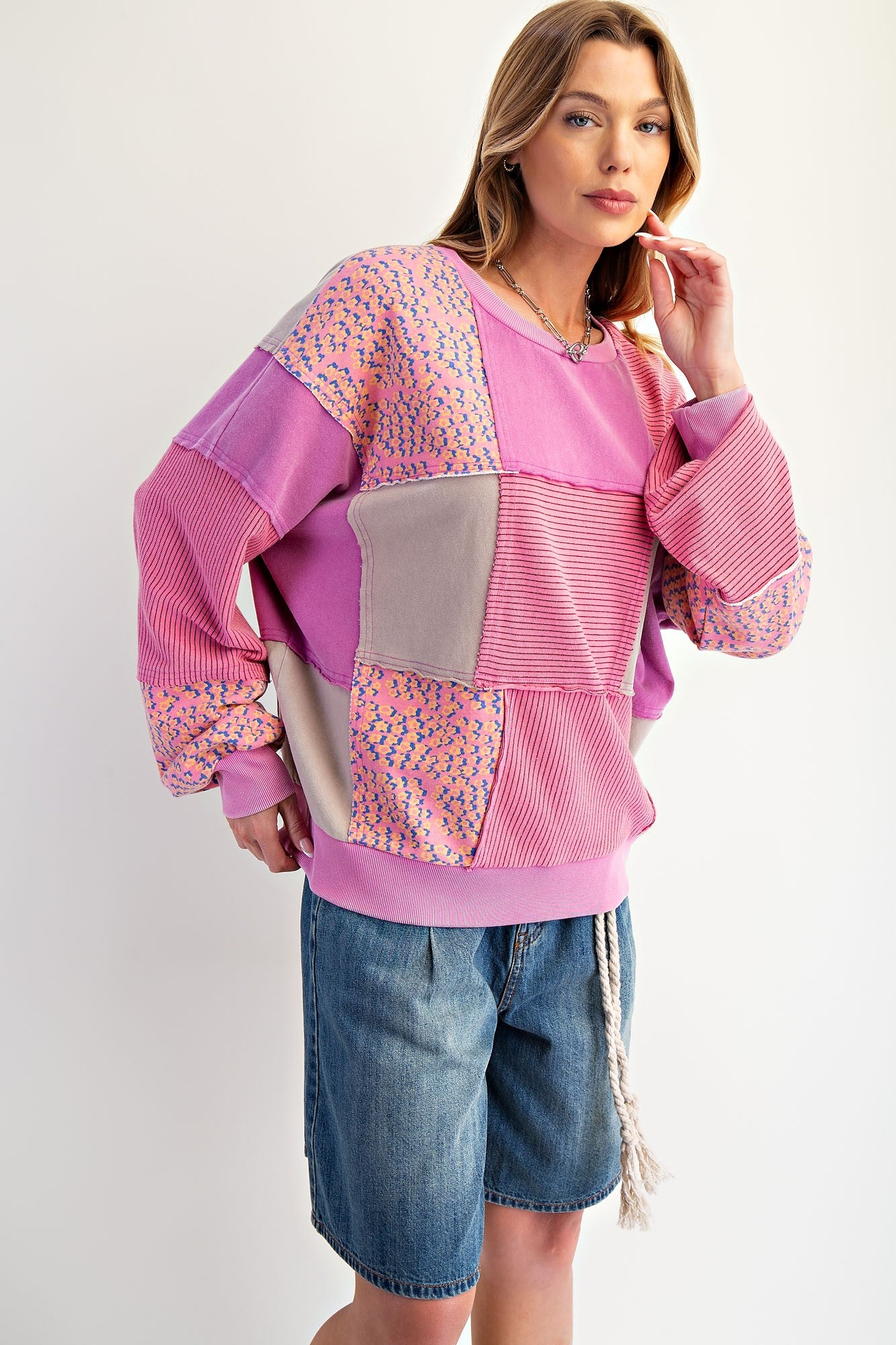EASEL PATCHWORK WASHED TERRY PULLOVER