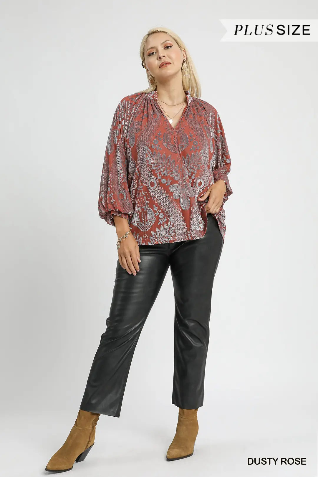 Umgee Damask Print Velvet Split Neck Top