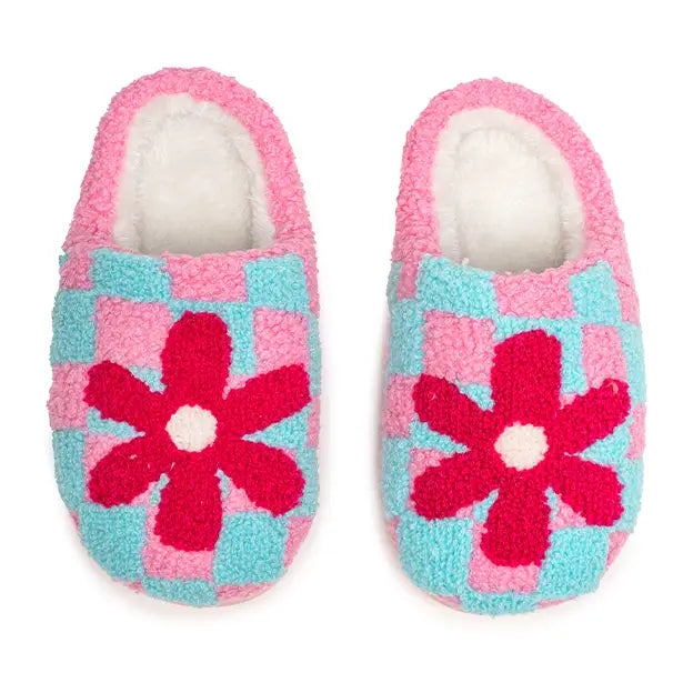 Living Royal Indoor / Outdoor Slippers - Kids- Checker W/Red Flower -Pink