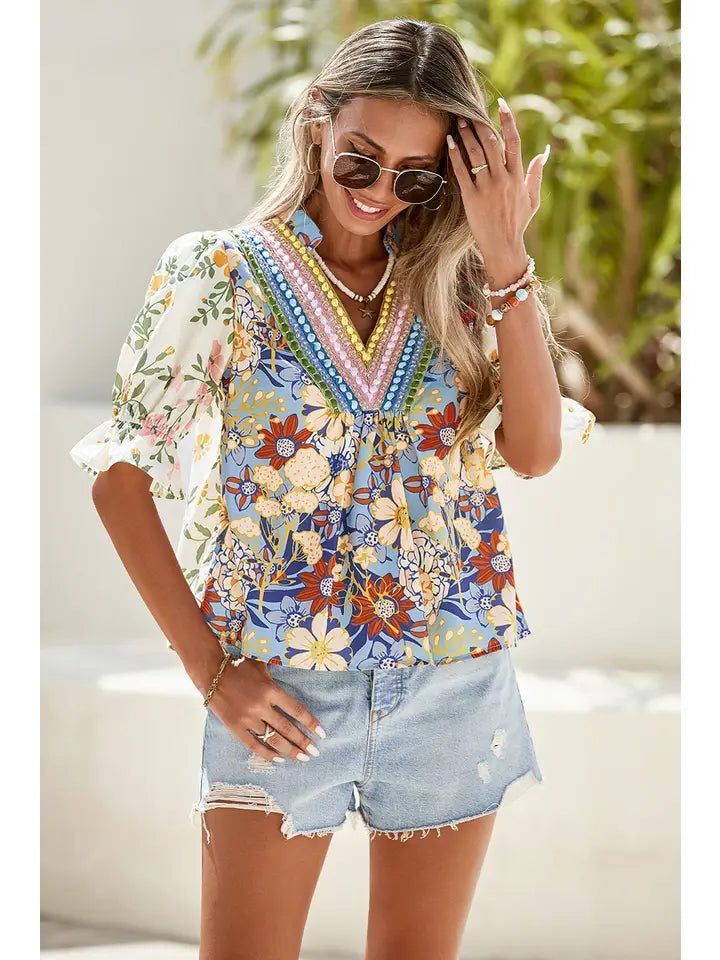 V Neck Half Sleeve Boho Floral Blouse