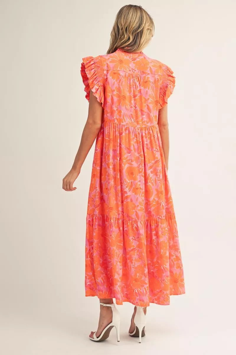 Jodifl Ruffled Cap Sleeves Tropical Floral Midi Dress