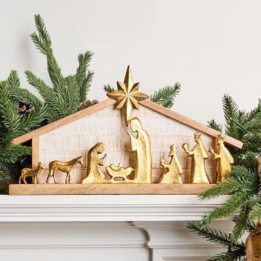 Mary Square Large Gold Nativity Scene Wooden Stable with Metallic Figures