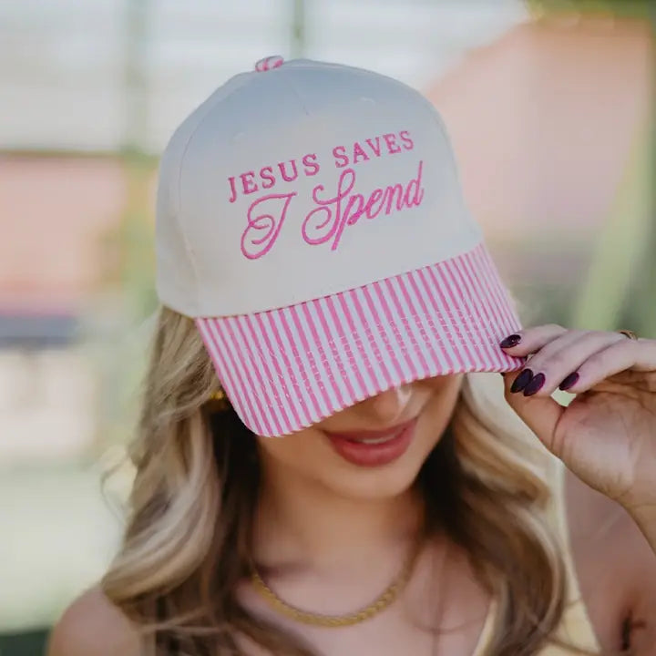 Katydid Jesus Saves I Spend Two-Toned Trucker Hat