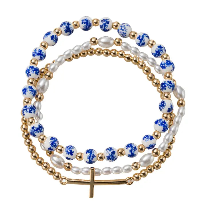 Jane Marie Blue Floral, Pearl, Gold Beaded Stretch Bracelet with Cross