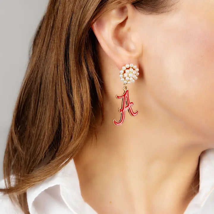 Alabama Crimson Tide Pearl Cluster Enamel Drop Earrings