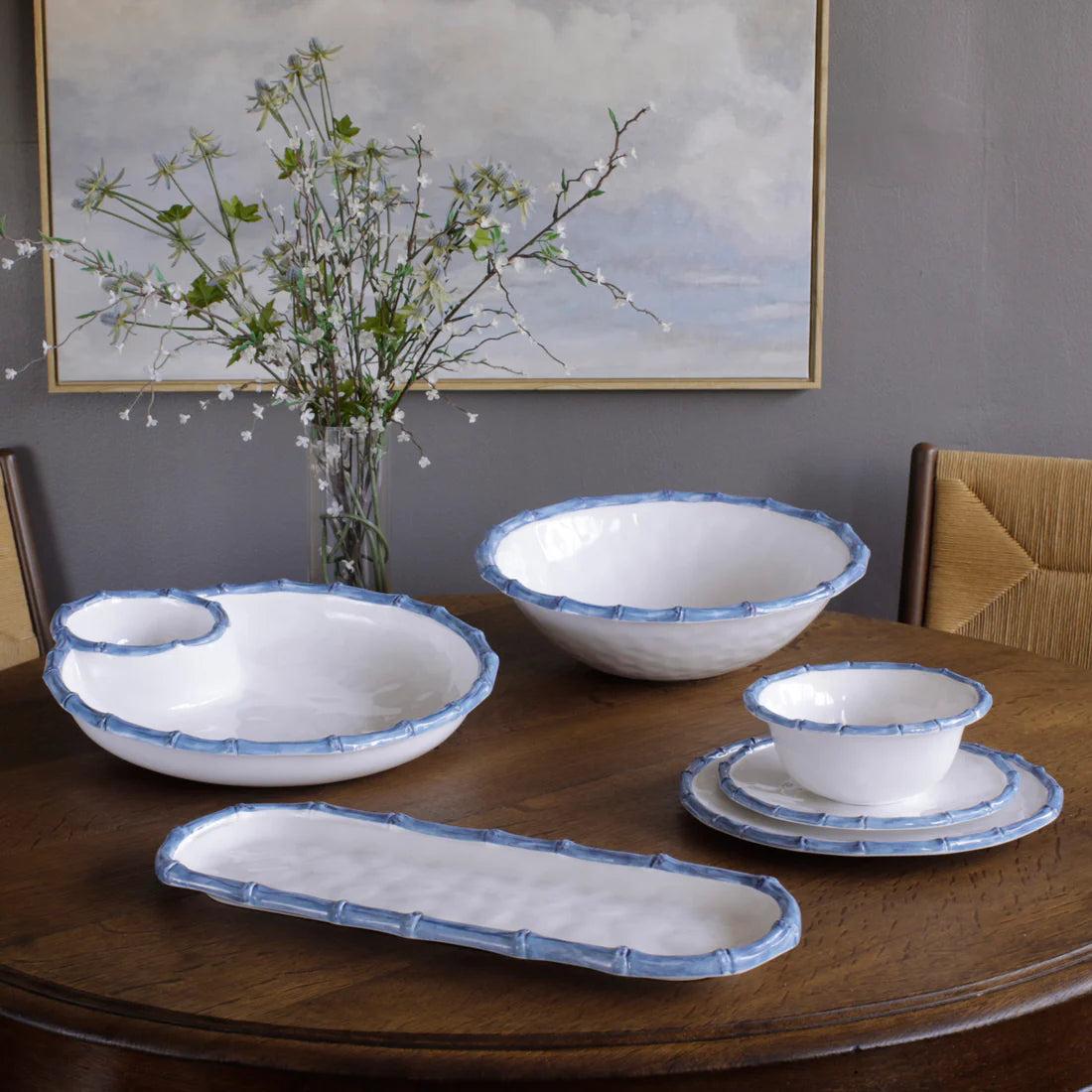 Beatriz Ball VIDA Bamboo Large Chip & Dip Bowl (White and Blue)