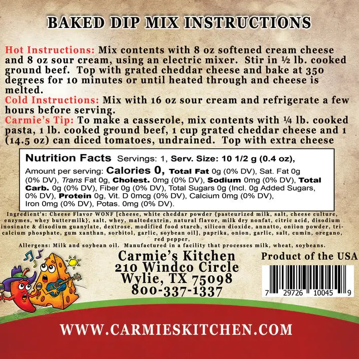 Carmie's Kitchen Baked Chili Cheese Dip Dip Mix