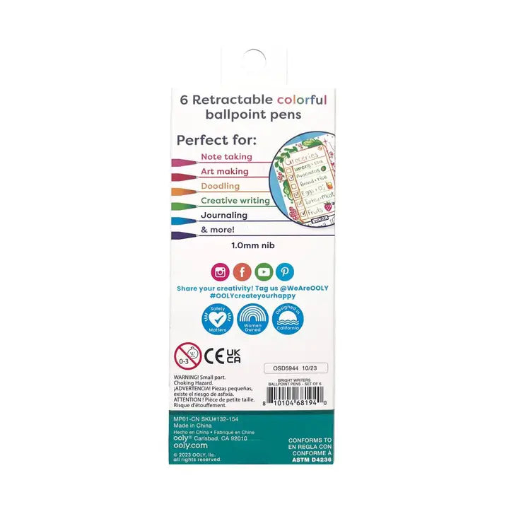 Ooly Bright Writers Colored Ballpoint Pens - Set of 6