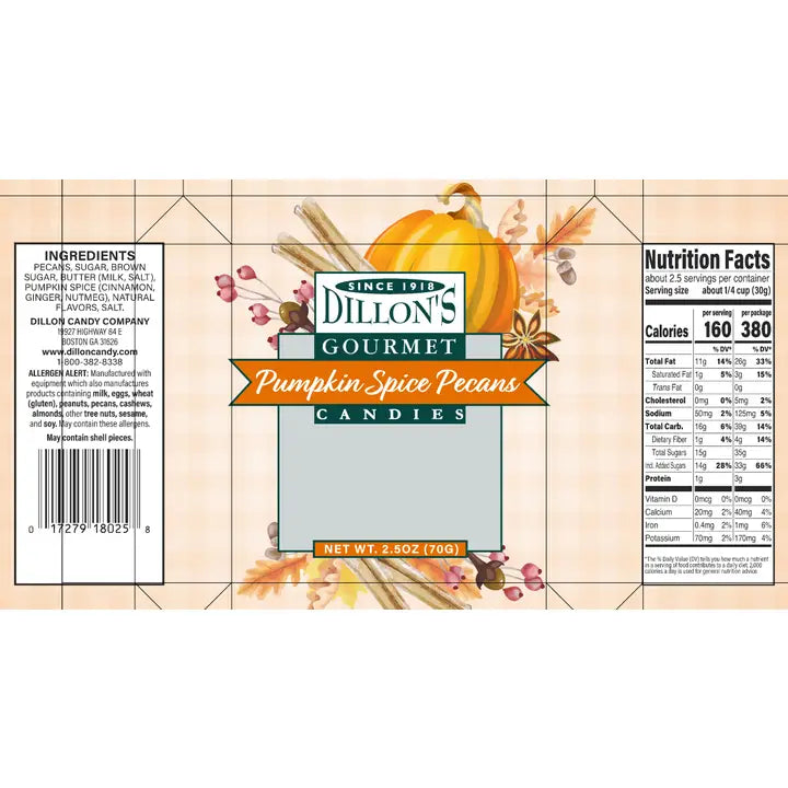 Dillon Candy Company Pecans, Pumpkin Spice, 2.5 oz Snack Tray (New)