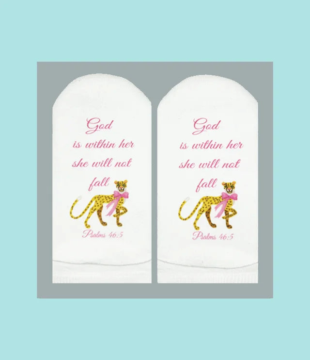 Standing on the Word Socks Cheetah with Verse: Psalm 46:5 God is within her, she will not fall