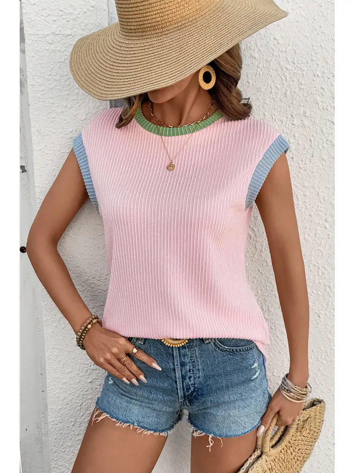 Color Block Corded Knit Crew Neck Tee