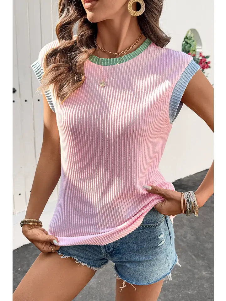 Color Block Corded Knit Crew Neck Tee