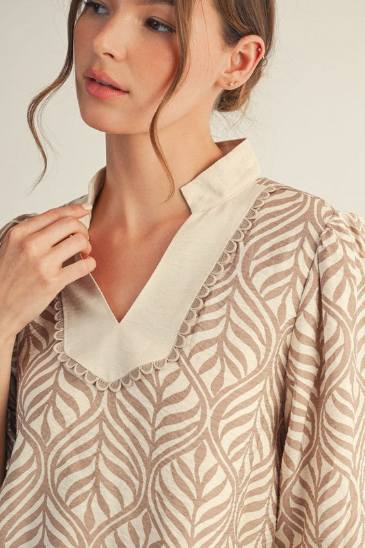 Jodifl Standing Collared Neck Boho Leaf Print Top