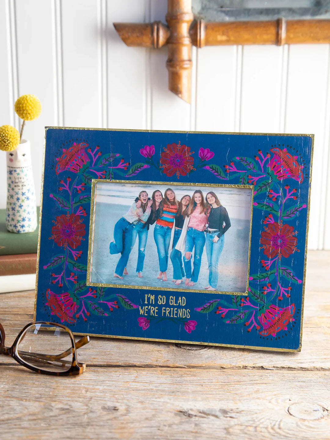 Natural Life Wooden Photo Frame-Blue Folk Flower