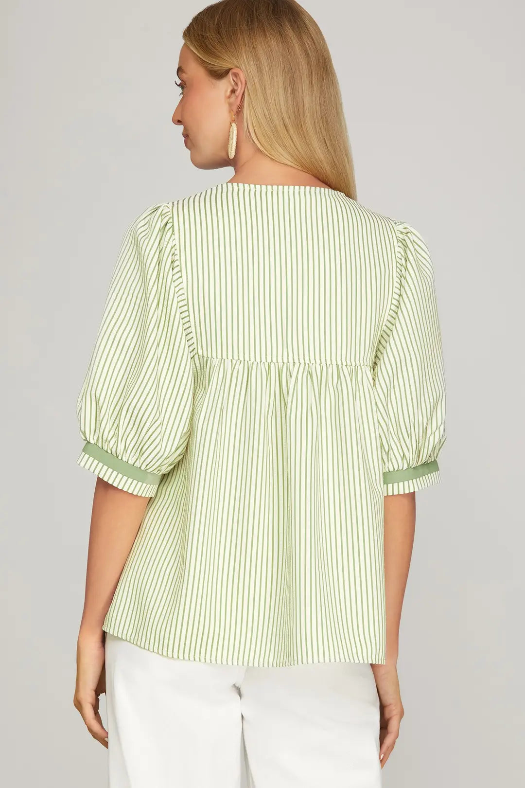 SHE + SKY 1/2 SLEEVE FRONT EMBROIDERED STRIPE TOP-SAGE