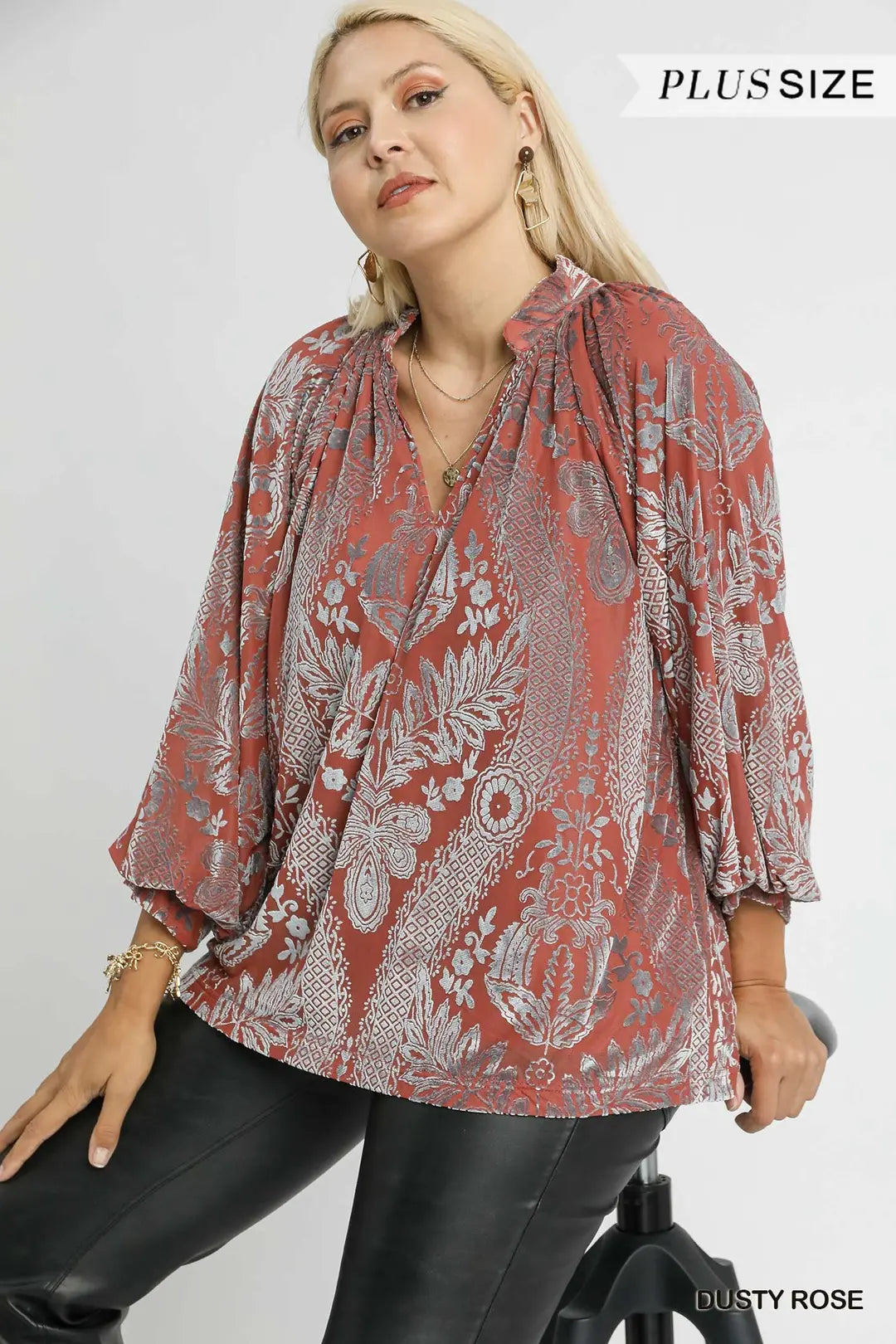 Umgee Damask Print Velvet Split Neck Top