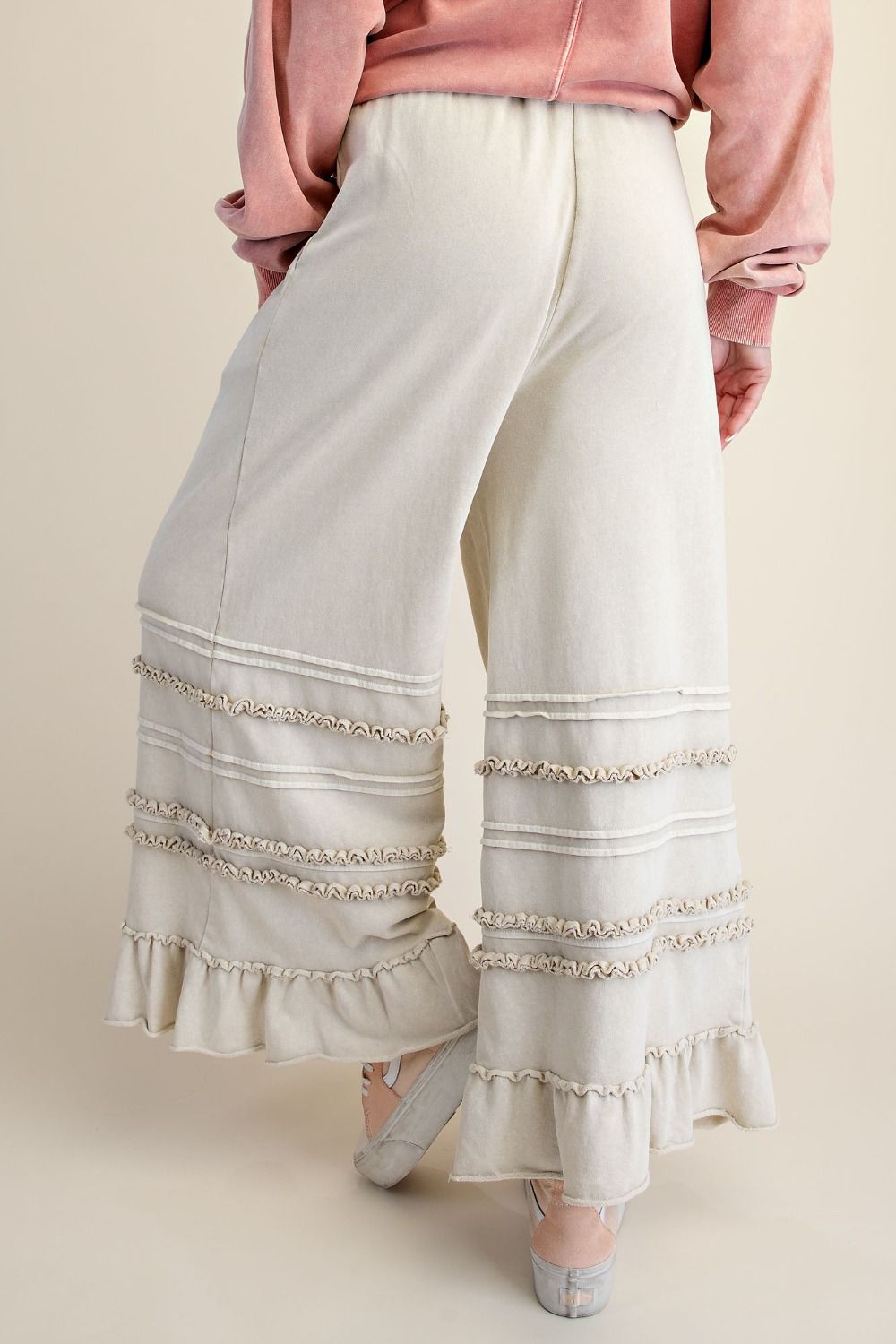 EASEL WASHED TERRY TIERED RUFFLED WIDE LEG PANTS