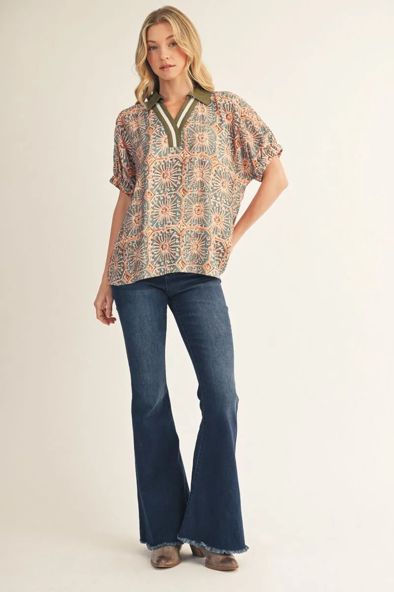 Jodifl Drop Shoulder Boho Print Top