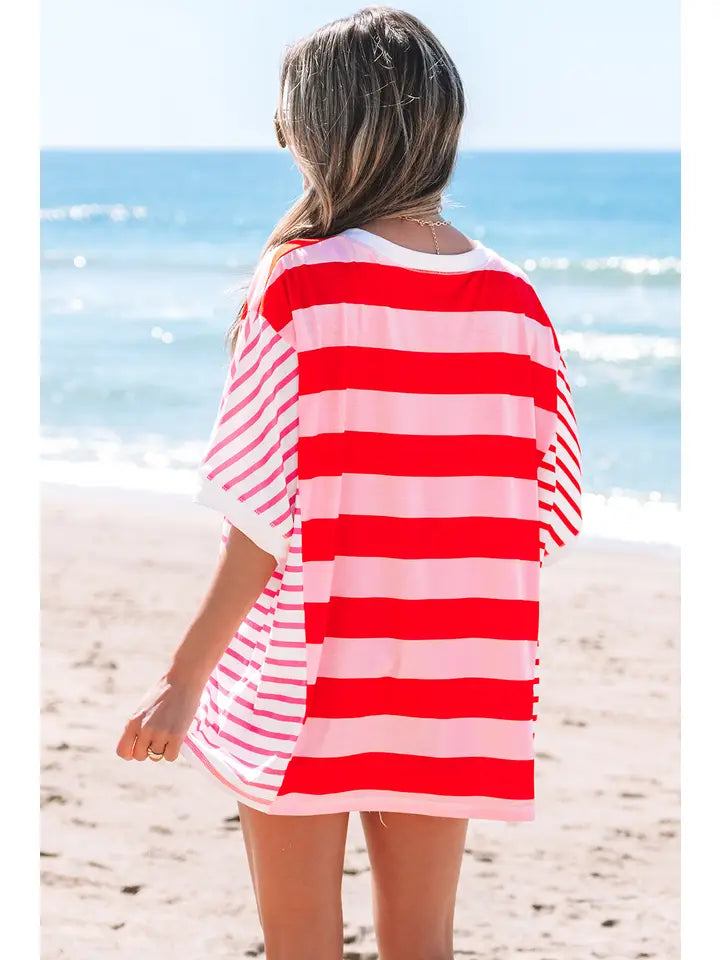 Patchwork Round Neck Side Split Loose T Shirt