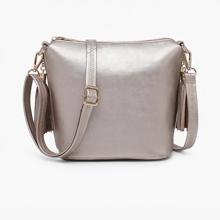 Jen & Co. Dylan Crossbody w/ 2 Side Tassel Zippers-Champagne