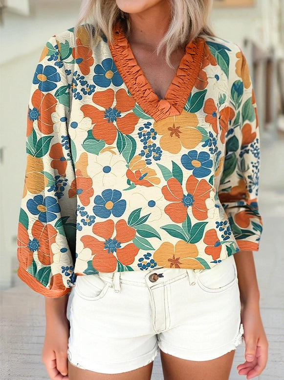 Frilled V Neck Floral Print Bracelet Sleeve Blouse