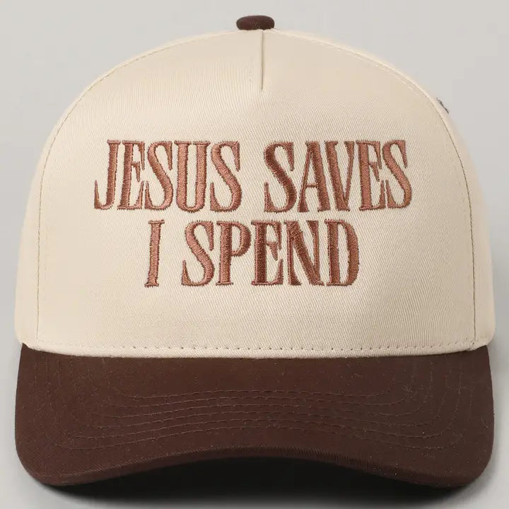 Jesus Saves I Spend Embroidery Trucker Hat-Brown