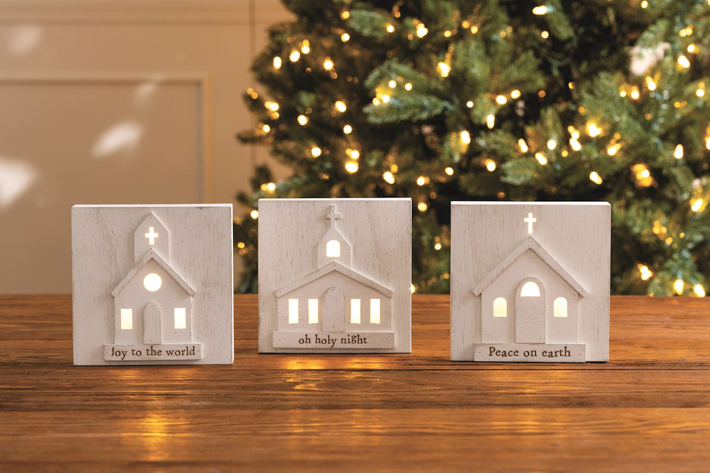MUD PIE PEACE ON EARTH LIGHT-UP CHURCH WOODEN BLOCK