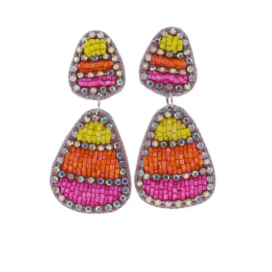 Jane Marie Beaded Candy Corn Earrings with Clear Crystal Accents