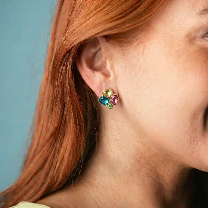 Jane Marie Gold Yellow, Blue, Pink, Green Crystal Cluster Earring