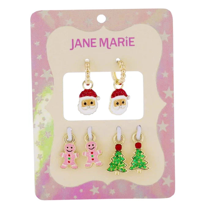 JANE MARIE Gold Interchangeable Huggie with Crystal Santa, Pink Gingerbread Man, Glitter Christmas Tree