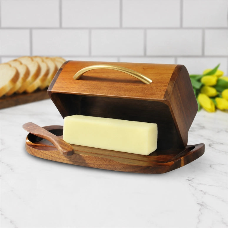 Butterie Acacia Wood Flip-Top Butter Dish w/ Spreader - Brass Handle