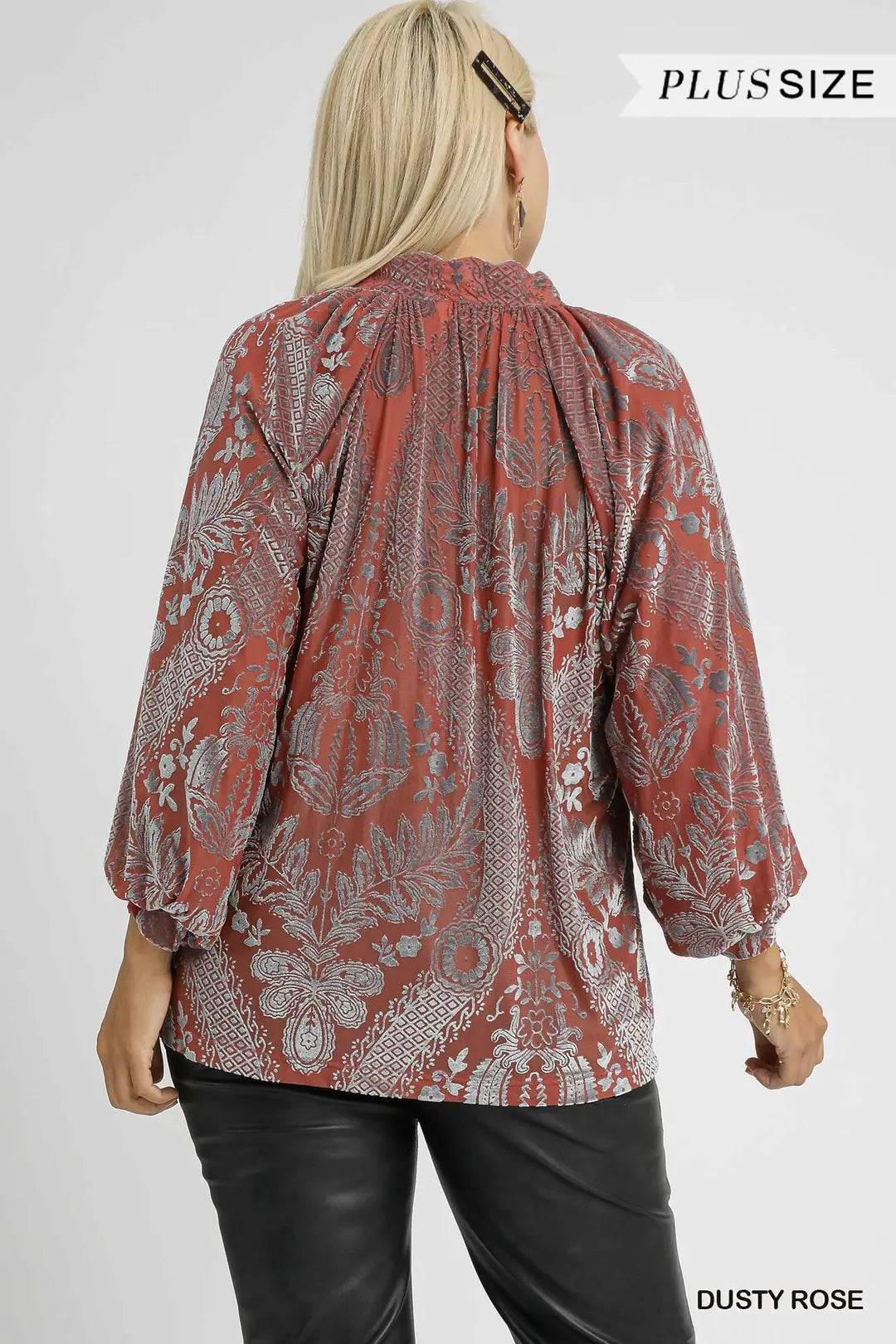 Umgee Damask Print Velvet Split Neck Top