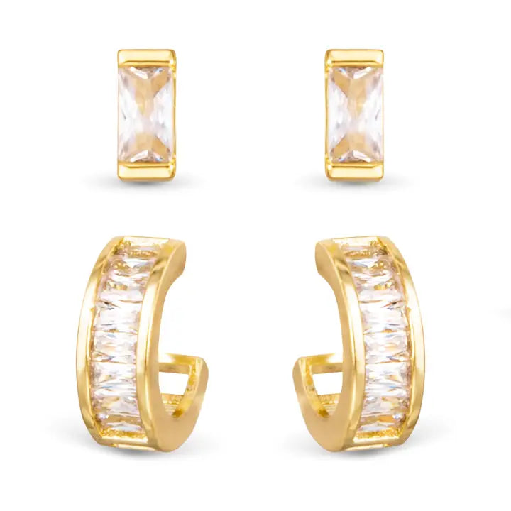 Amanda Blu Cz Baguette Huggie and Stud Duo Earrings - Gold