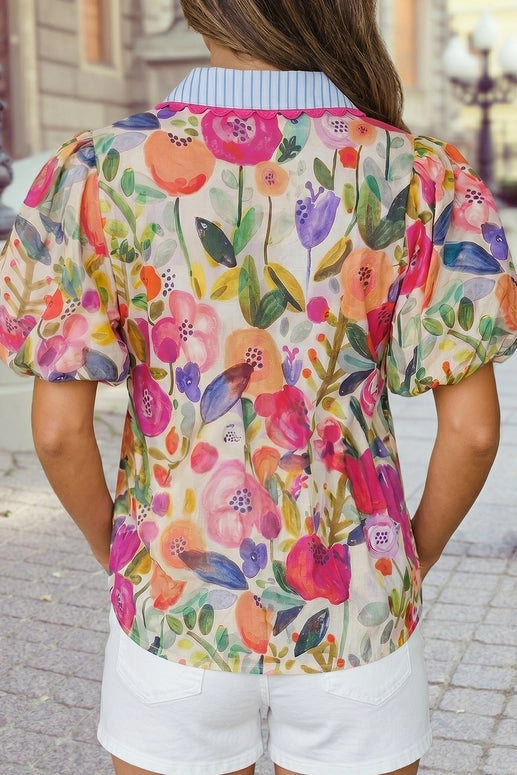 Floral Bubble Sleeve Contrast Scallop Striped V Neck Blouse