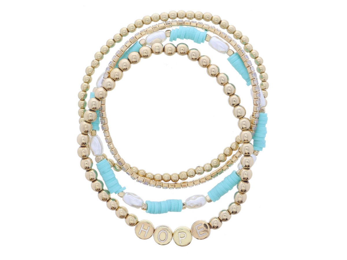 SET OF 4, GOLD BALL, MOONSTONE, GOLD BALL WITH "HOPE", OVAL PEARLS AND MINT RUBBER SEQUINS BRACELET