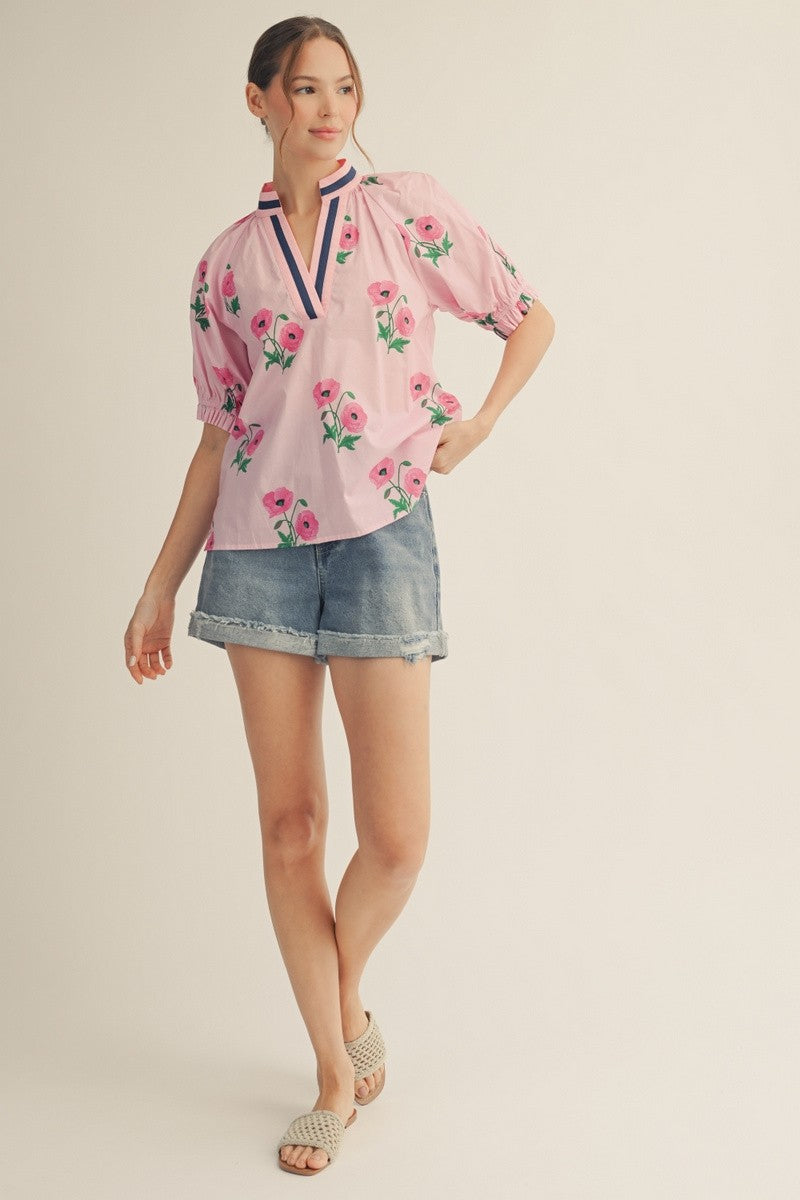 Jodifl Color Contrast Accent Floral Top-Pink